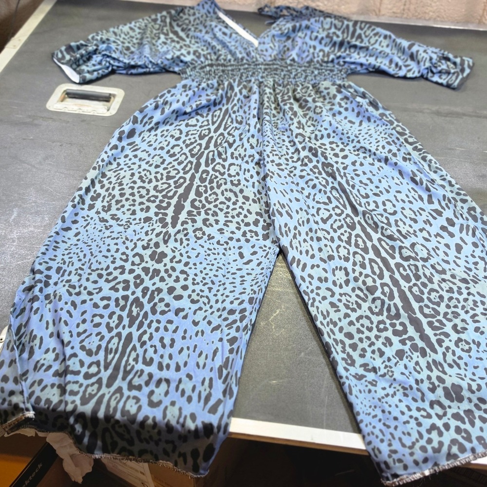 Blue Leopard Print V-Neck Smocked Waist Wide Leg Jumpsuit Animal Pattern